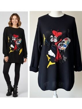 Bonnie Boerer 80s Vtg Cartoon Cat Appliqué Pop Art Open Knit Sweater Size L